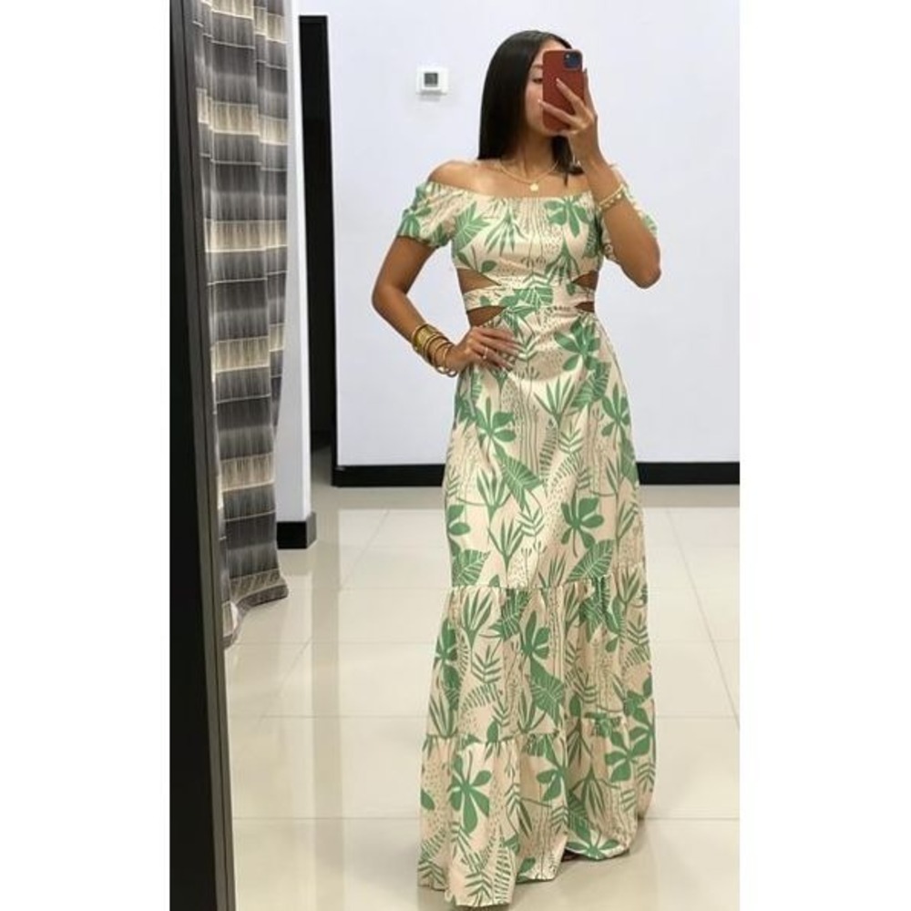 Micas Tropical Off-Shoulder Maxi Dress with Cutouts Green Leaf Print Size XL